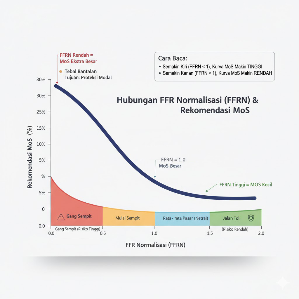 Grafik Hubungan FFR Normalisasi (FFRN) dan Rekomendasi MoS - Menunjukkan hubungan inverse antara Free Float Ratio Normalisasi dengan Margin of Safety yang direkomendasikan